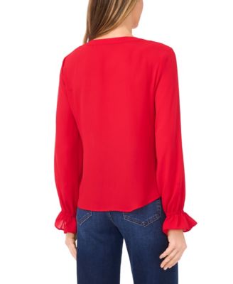 Women's V-Neck Button Down Lace Flounce Trim Top