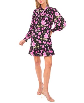 CeCe - Women's Long-Sleeve Keyhole Bow Tie Mini Dress