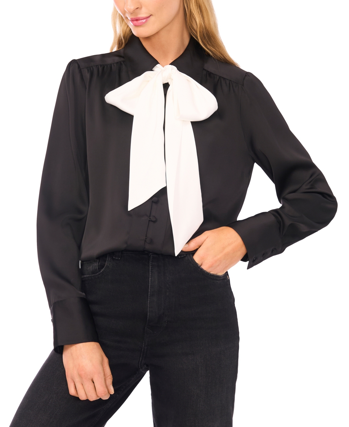 CeCe Women's Long-Sleeve Button Down Shirred Collared Top with Bow