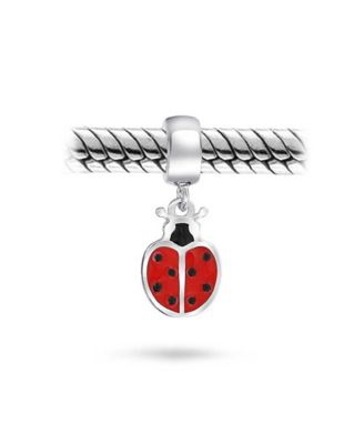Set of 2 Insect Garden Ladybugs Red CZ Dangle Charm Bead Enamel Sterling Silver