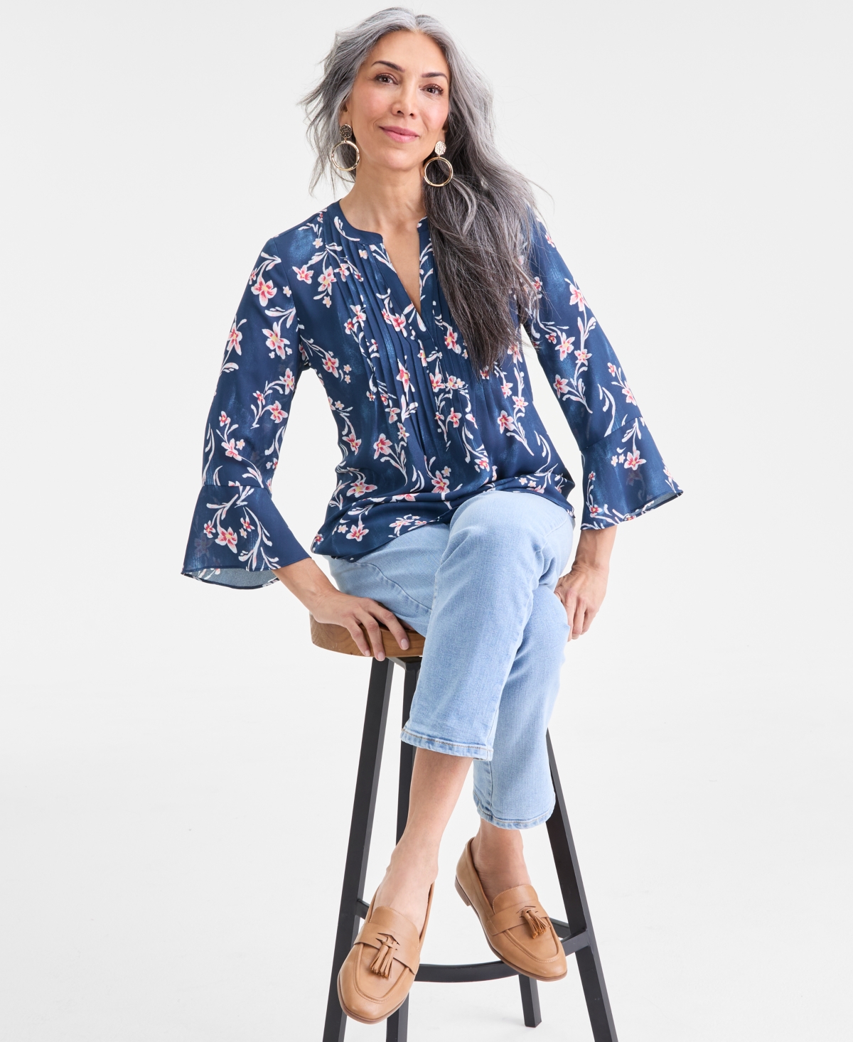 Style & Co Women's Printed Pintuck Ruffle Sleeve Top, Macy's Exclusive