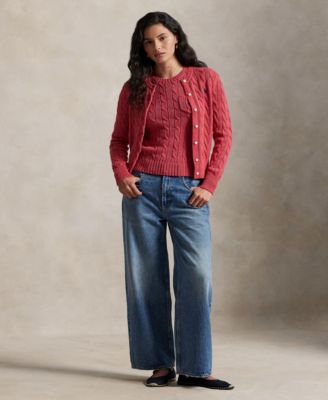 Women's Cable-Knit Cotton Crewneck Cardigan Sweater