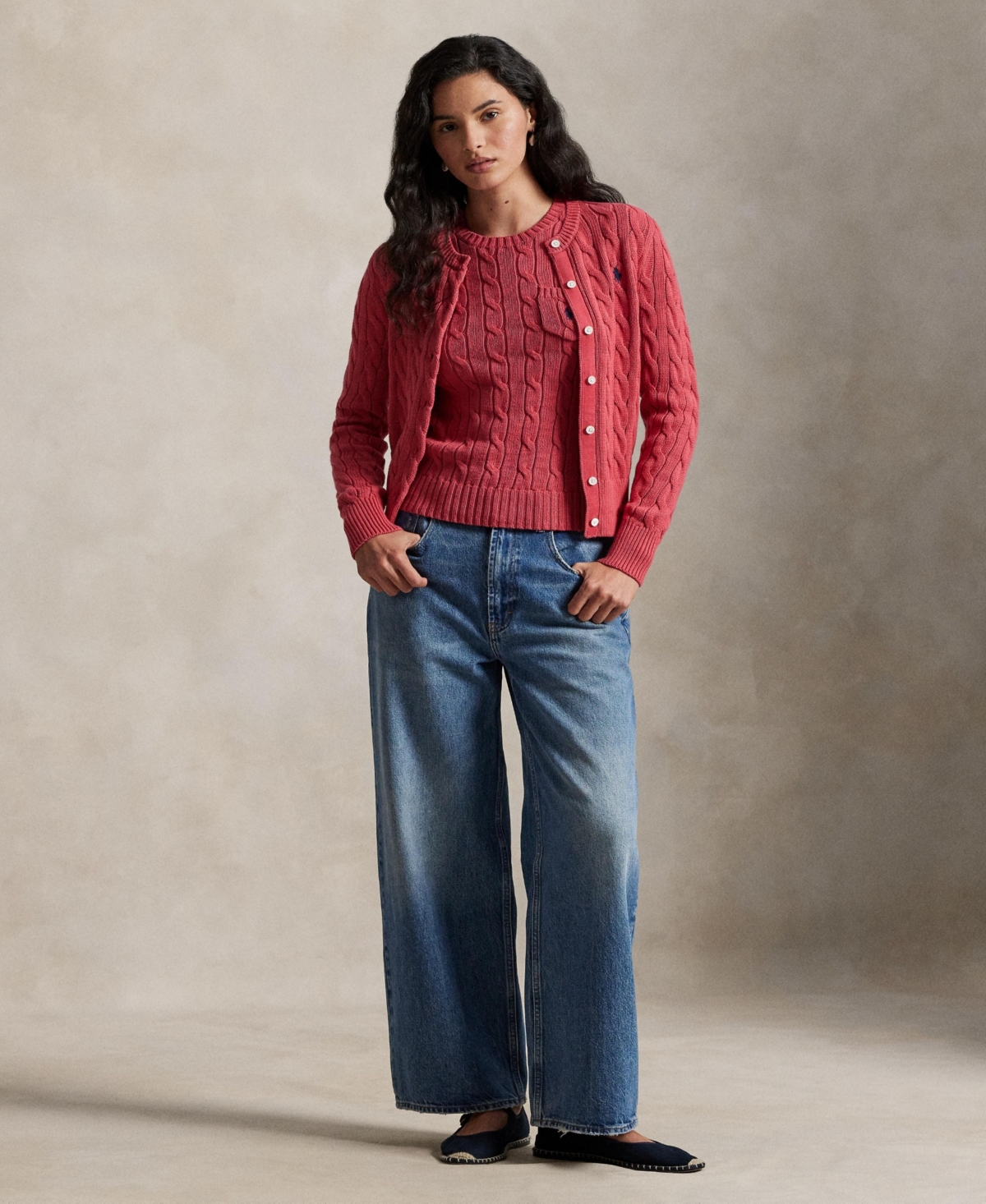 Polo Ralph Lauren Women's Cable-knit Cotton Crewneck Cardigan Sweater In Red