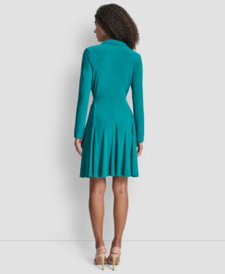 Women's Long Sleeve Collared Neck Godet Fit and Flare Dress