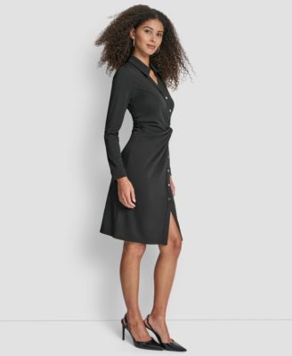 Women's Long Sleeve Asymmetrical Knot Button Front Sheath Dress