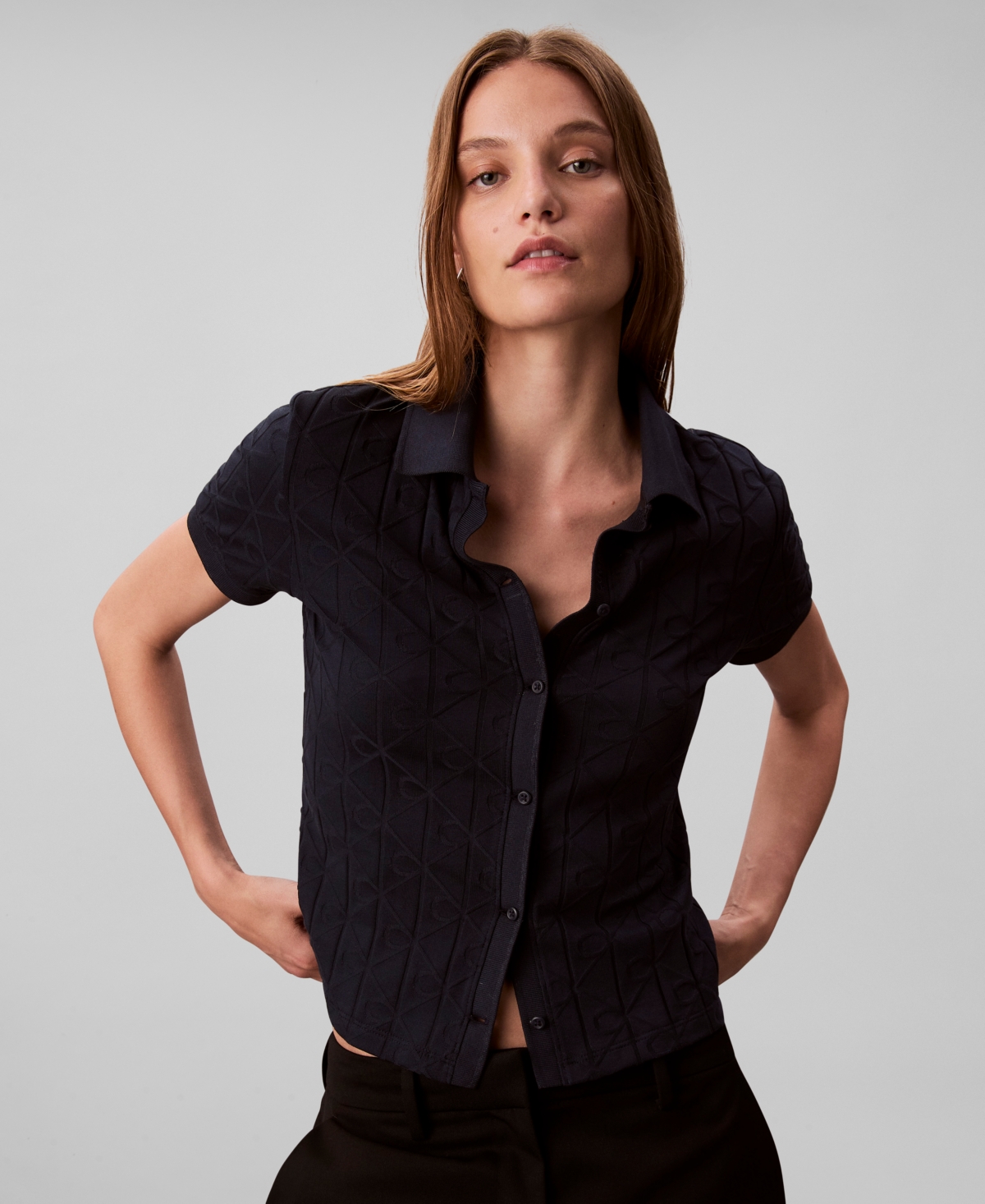 Calvin Klein Jeans Women's Monogram Logo Jacquard Polo Top