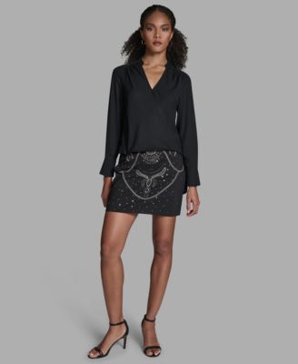 Women's Long-Sleeve Hi-Low Faux-Wrap Top