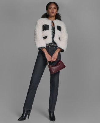 Women's Cropped Curly Shearling 3/4-Sleeve Jacket