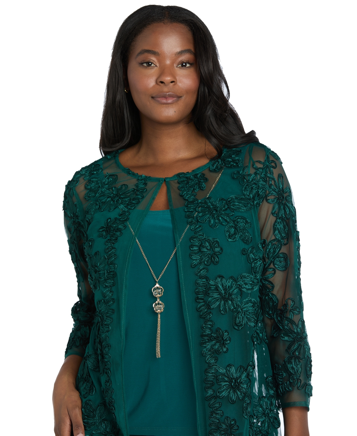 R & M Richards Women's Soutache Long Jacket, Necklace Top & Pants Set In Green