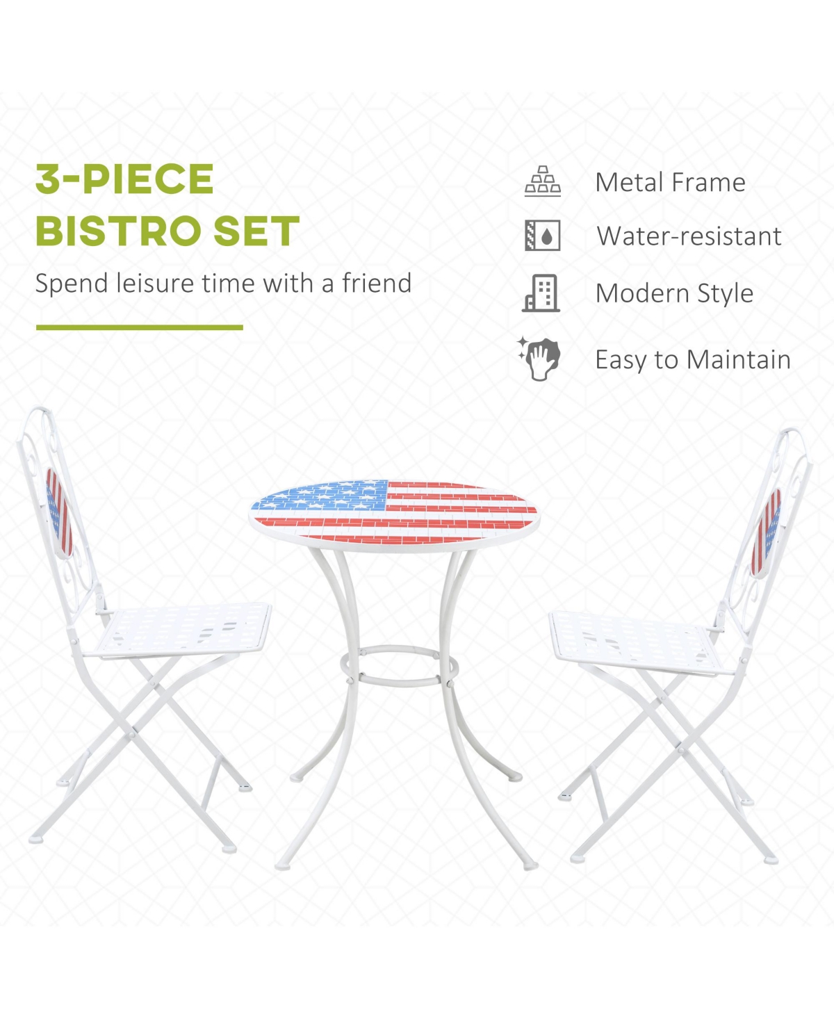 Outsunny 3 Piece Outdoor Patio Dining Bistro Set, 2 Folding Chairs, American Flag Stone Mosaic, Folding Center Table for Garden, Poolside, Porch