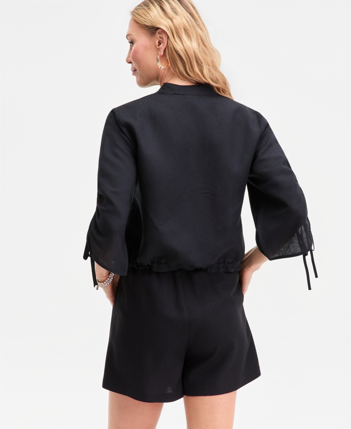 Inc International Concepts Women's Tie-sleeve Chambray Tie-waist Blouse, Macy's Exclusive In Black