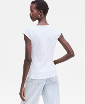 Women's Cap Sleeve Ruched Cotton V-Neck T-Shirt