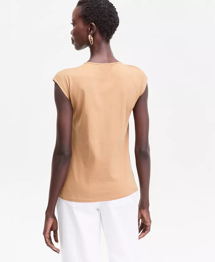 Women's Cap Sleeve Ruched Cotton V-Neck T-Shirt - thumbnail 5