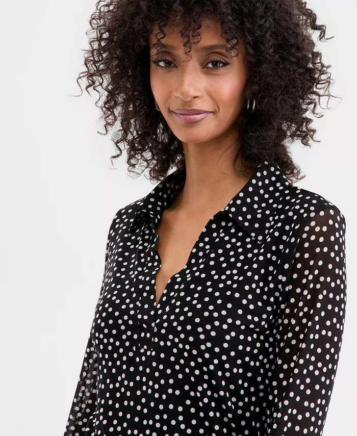 Women's Long Sleeve Printed Mesh Collared Shirt - thumbnail 3