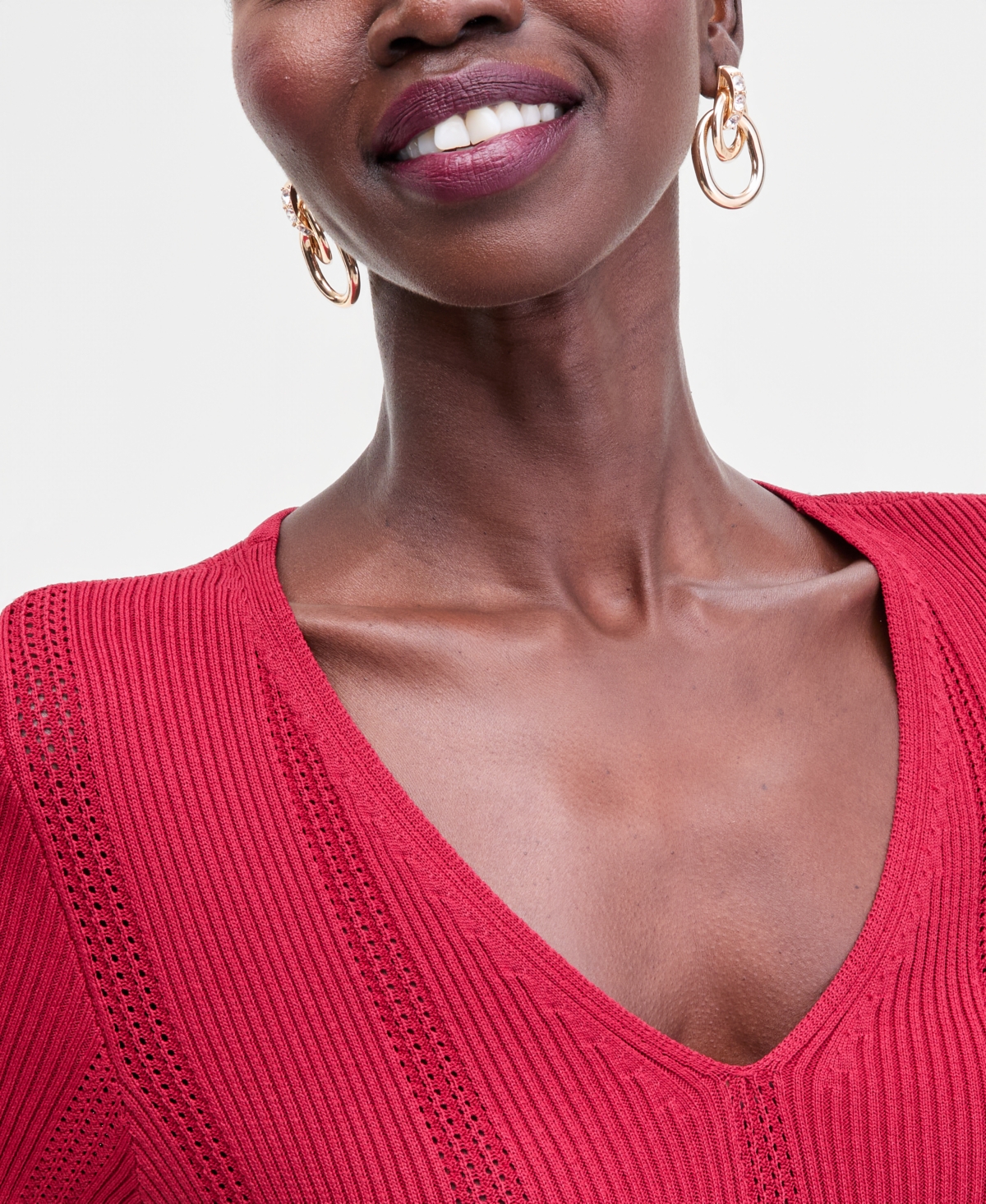 I.n.c. International Concepts Women's V-Neck Short Sleeve Ribbed Knit Sweater, Macy's Exclusive