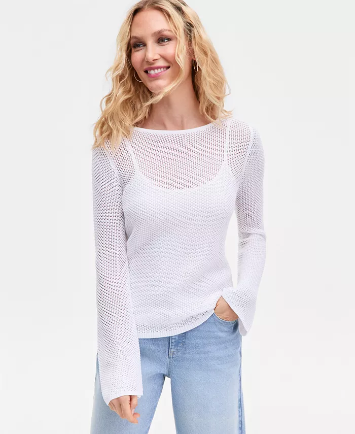 Women's Long Sleeve Open-Knit Sweater - thumbnail 4