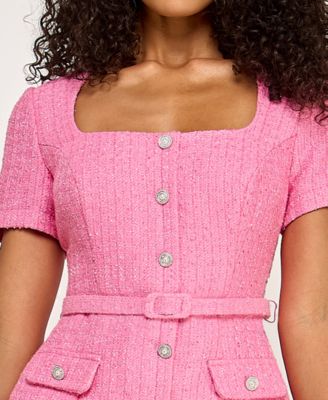 Women's Square Neck Short-Sleeve Belted Dress