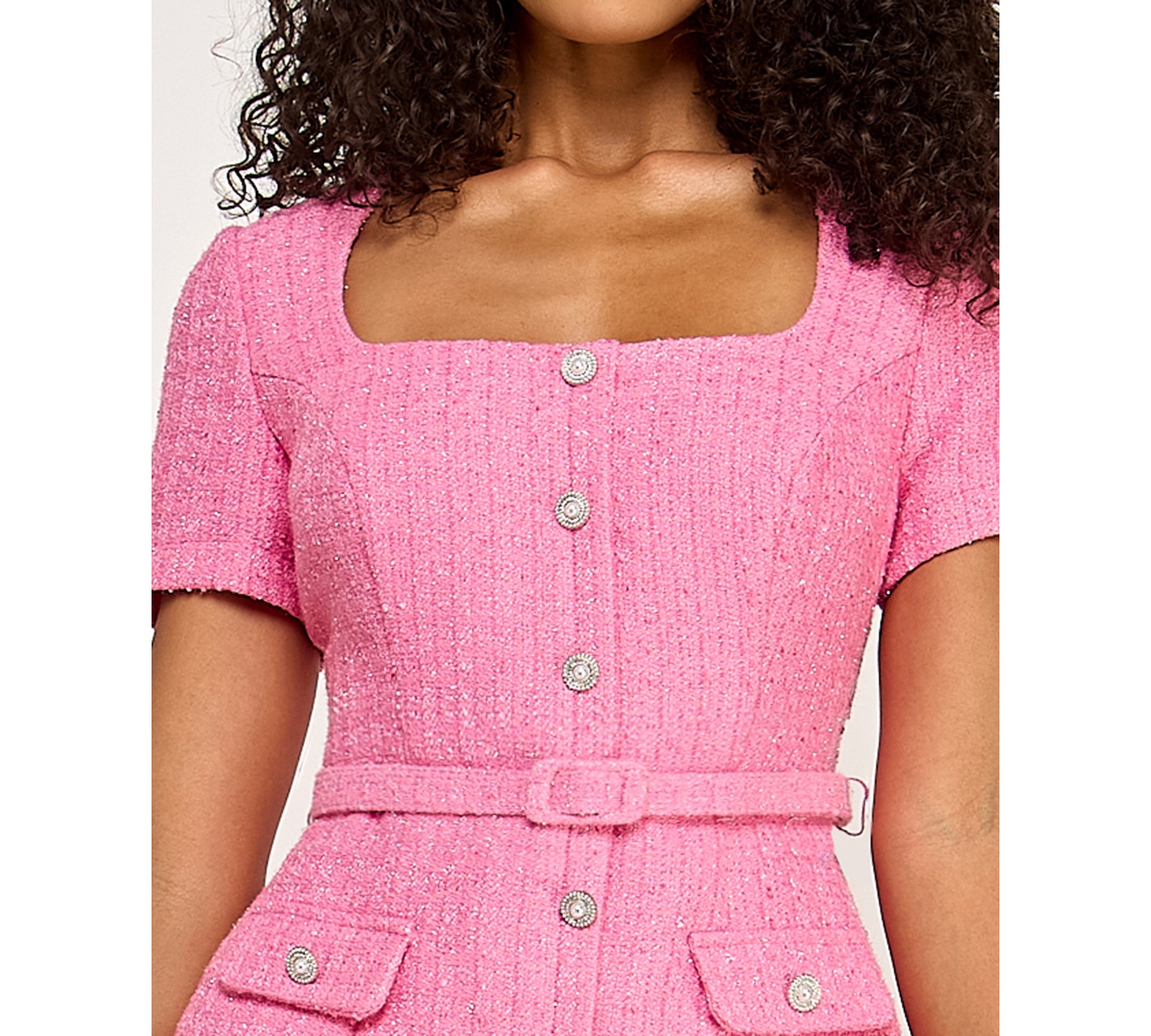 City Studios Women's Square Neck Short-Sleeve Belted Dress