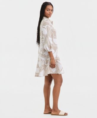 Women's 100% Linen Tile Button-Front 3/4-Sleeve Dress, Macy's Exclusive