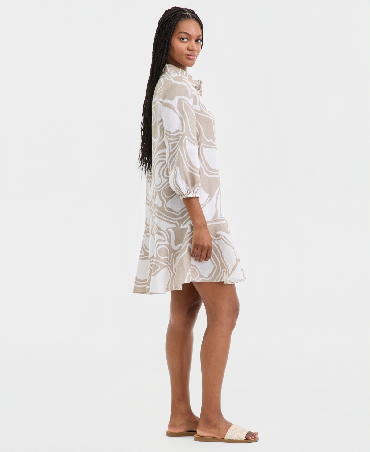 Charter Club Women's 100% Linen Tile Button-Front 3/4-Sleeve Dress, Macy's Exclusive