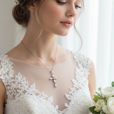 Exquisite Delicate Marquise Cubic Zirconia Religious Cross Pendant Necklace 925 Sterling Silver