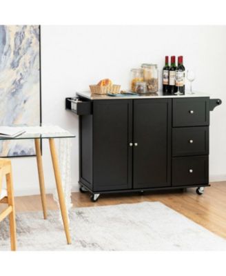 53" Stainless Steel Top 3 Drawers, Cabinet, Spice Rack, Towel Holder Mobile Kitchen Island