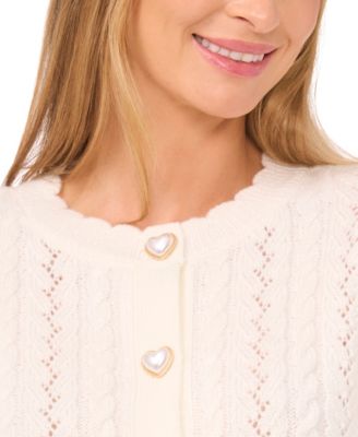 Women's Valentine's Crewneck Heart-Button Pointelle Cardigan Sweater