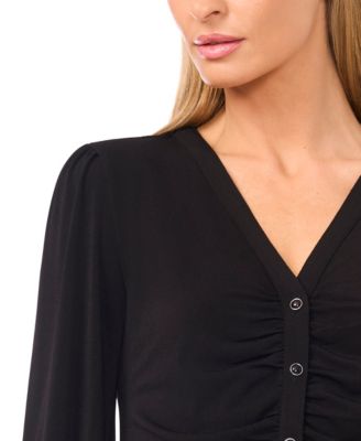 Women's V-Neck Long-Sleeve Shirred Knit Top