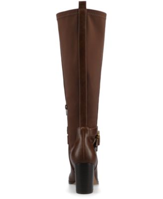 Journee Womens Avalonn Buckle Strap Knee High Stacked Heel Inside Zipper Wide-Calf Comfort Dress Boots