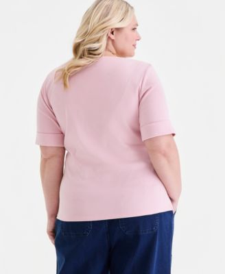 Plus Size Boat-Neck Elbow Sleeve Cotton Top