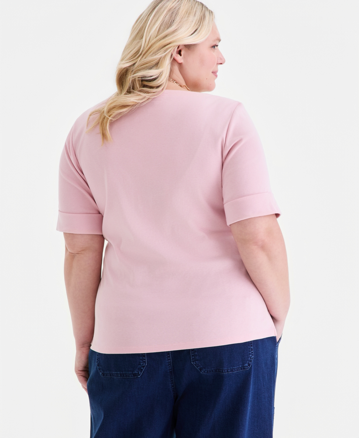 Style & Co Plus Boat-Neck Elbow Sleeve Cotton Top