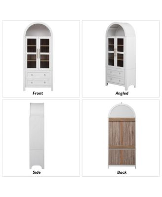 71" Tall Arched Kitchen Pantry Cabinet with Glass Doors, Adjustable Shelves & 2 Large Drawers