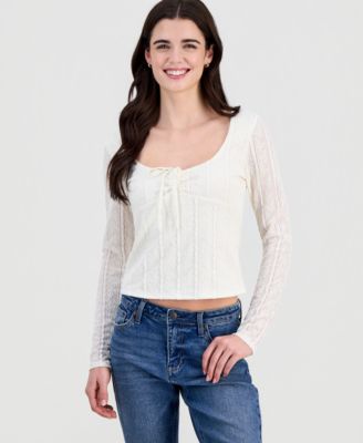 Juniors' Lace Textured Long-Sleeve Top