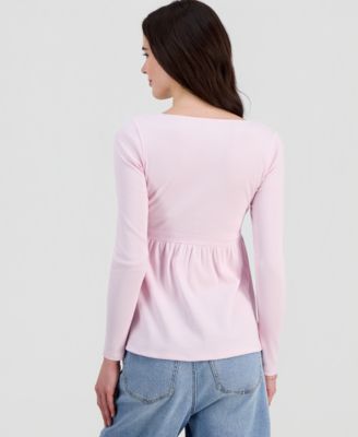 Juniors' Long Sleeve Ribbed Babydoll Top