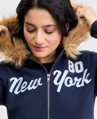 Juniors' Faux-Fur-Trim Hooded Sweatshirt