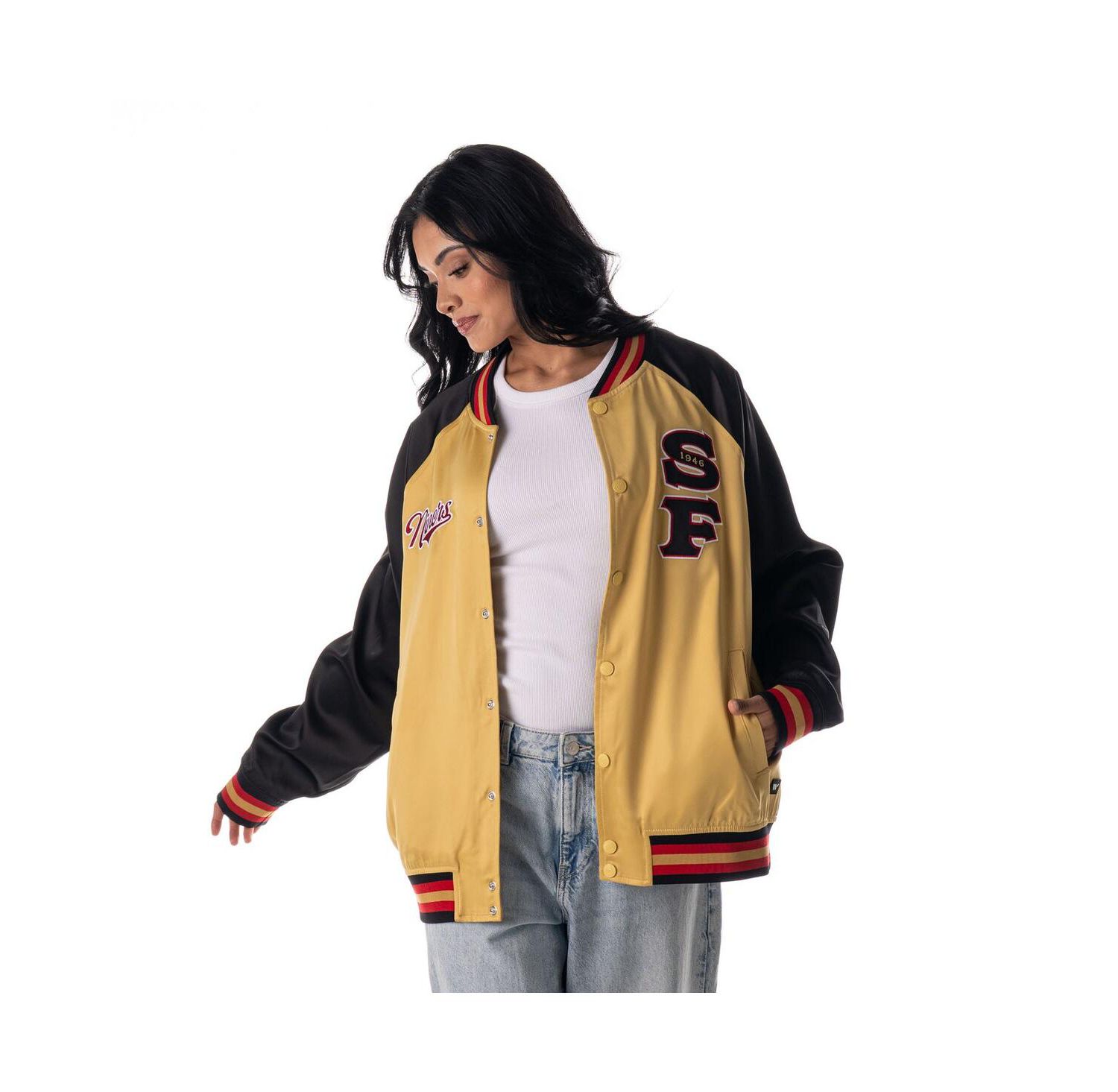 Women's Gold San Francisco 49ers Oversized Satin Raglan Full-Snap Bomber Jacket