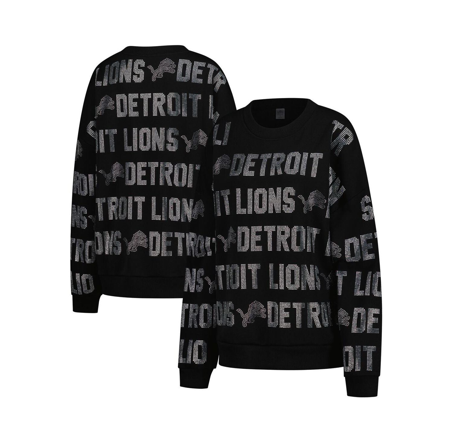 Women's Black Detroit Lions Oversized Hype Era Rhinestone Text Sweatshirt