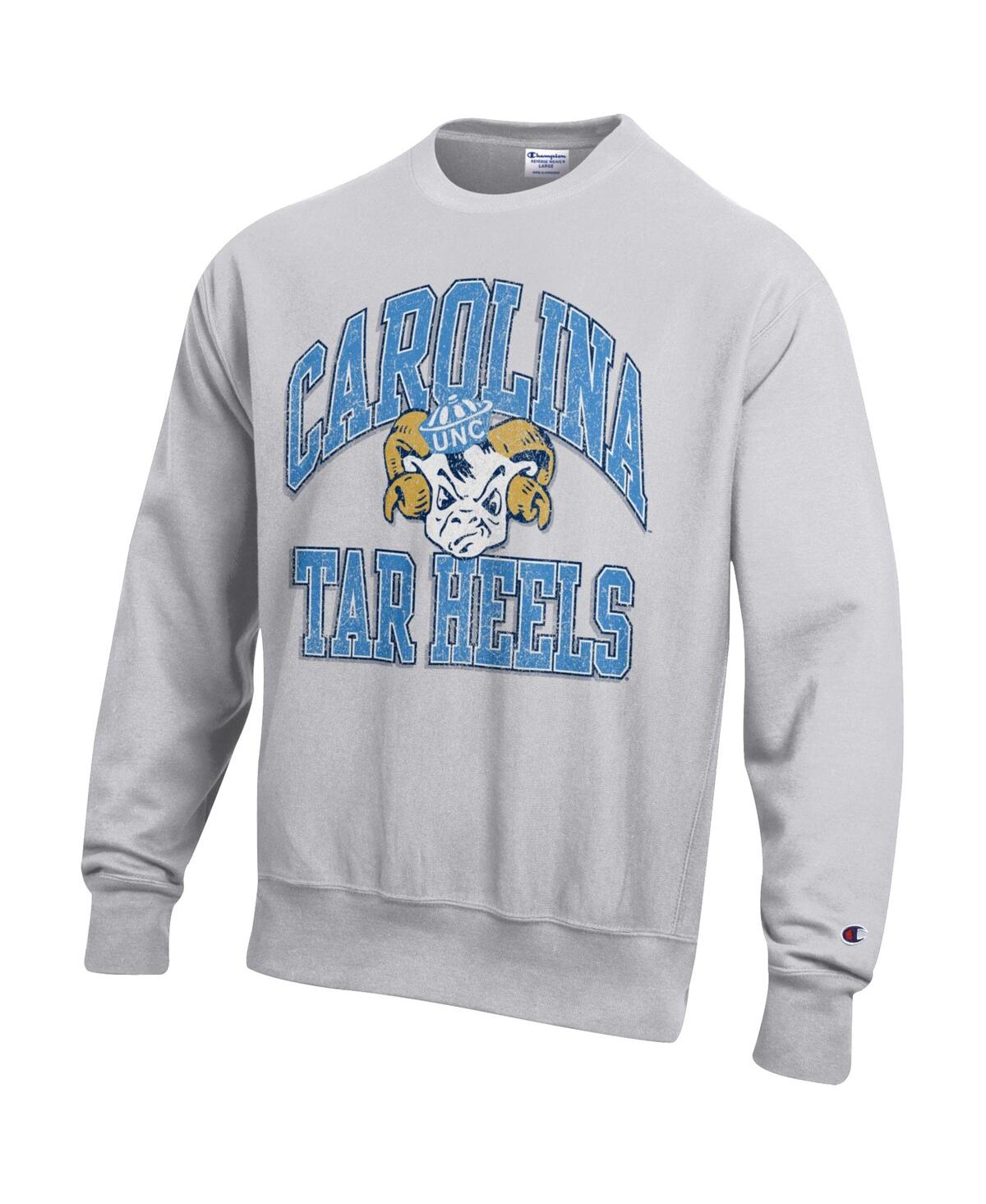 Champion Men's Gray North Carolina Tar Heels Distressed Arch Over Logo Reverse Weave Crew Neck Sweatshirt