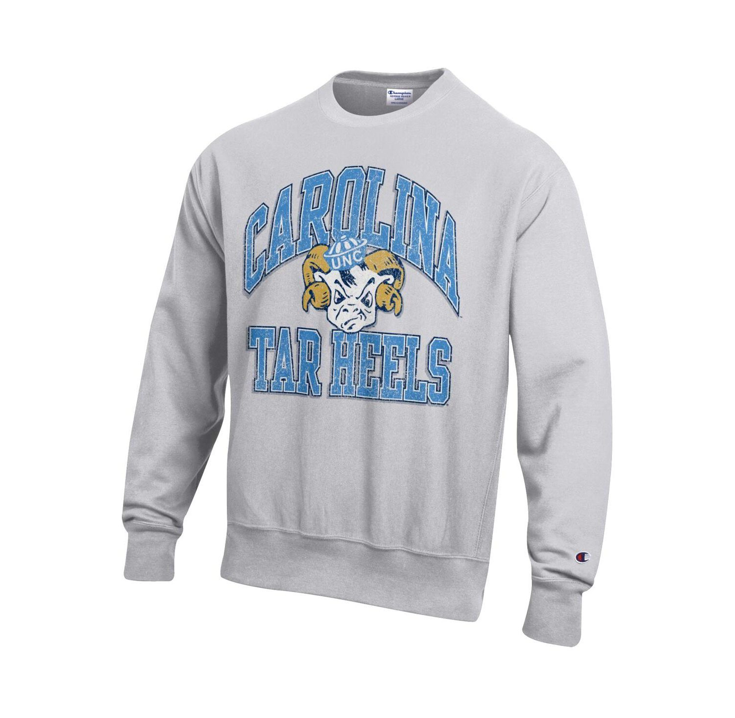 Men's Gray North Carolina Tar Heels Distressed Arch Over Logo Reverse Weave Crew Neck Sweatshirt