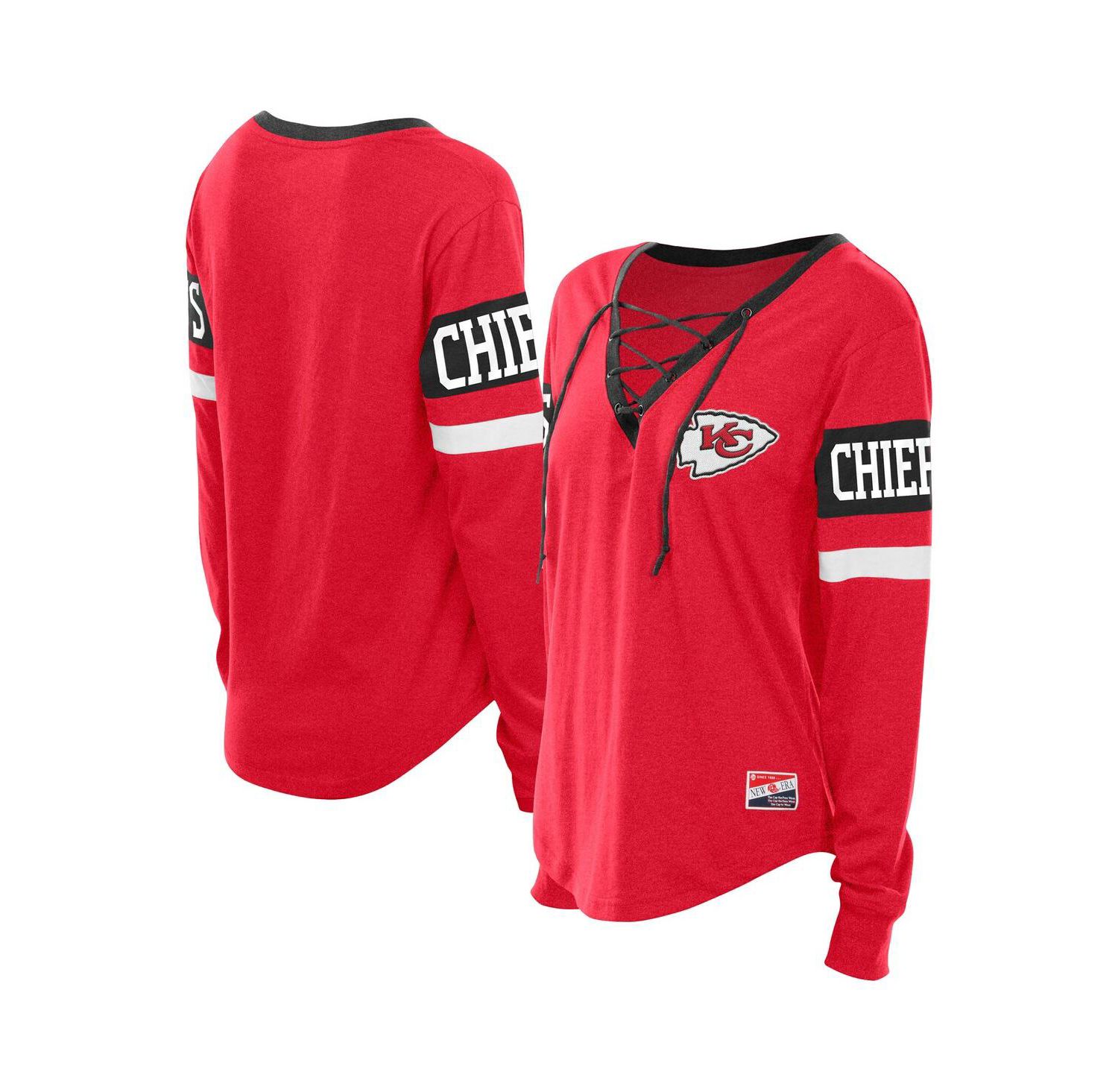 Women's Red Kansas City Chiefs Plus Size Throwback Lace-Up Long Sleeve T-Shirt