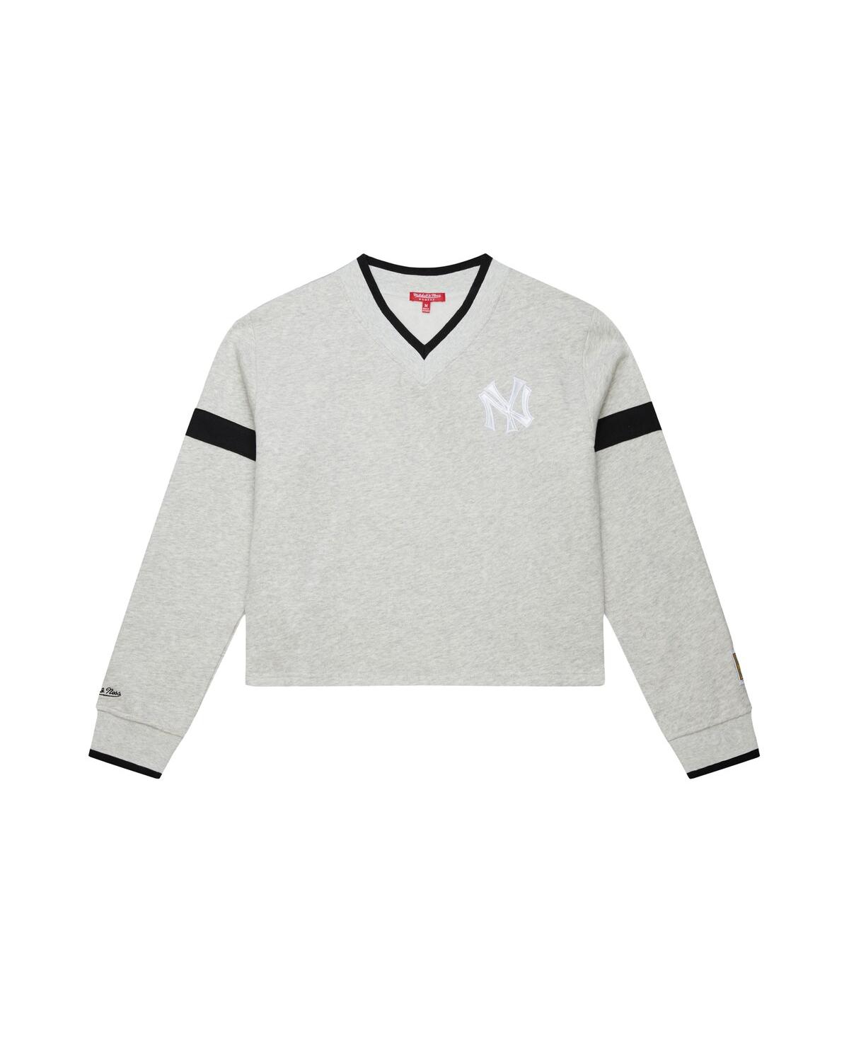 Mitchell & Ness Women's Heather Gray New York Yankees Cooperstown Collection V-neck Cropped Toggle Sweatshirt In Gray
