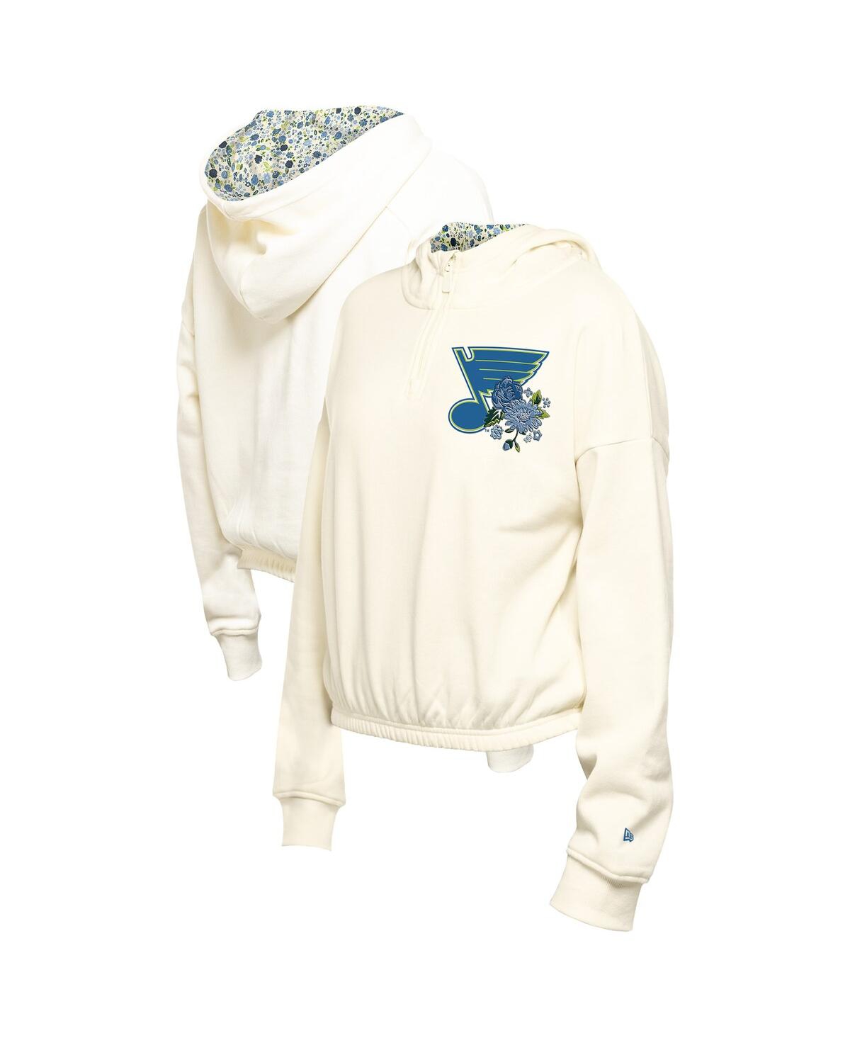 New Era Women's Cream St. Louis Blues Glam Game Quarter-zip Cropped Floral Pullover Hoodie In White