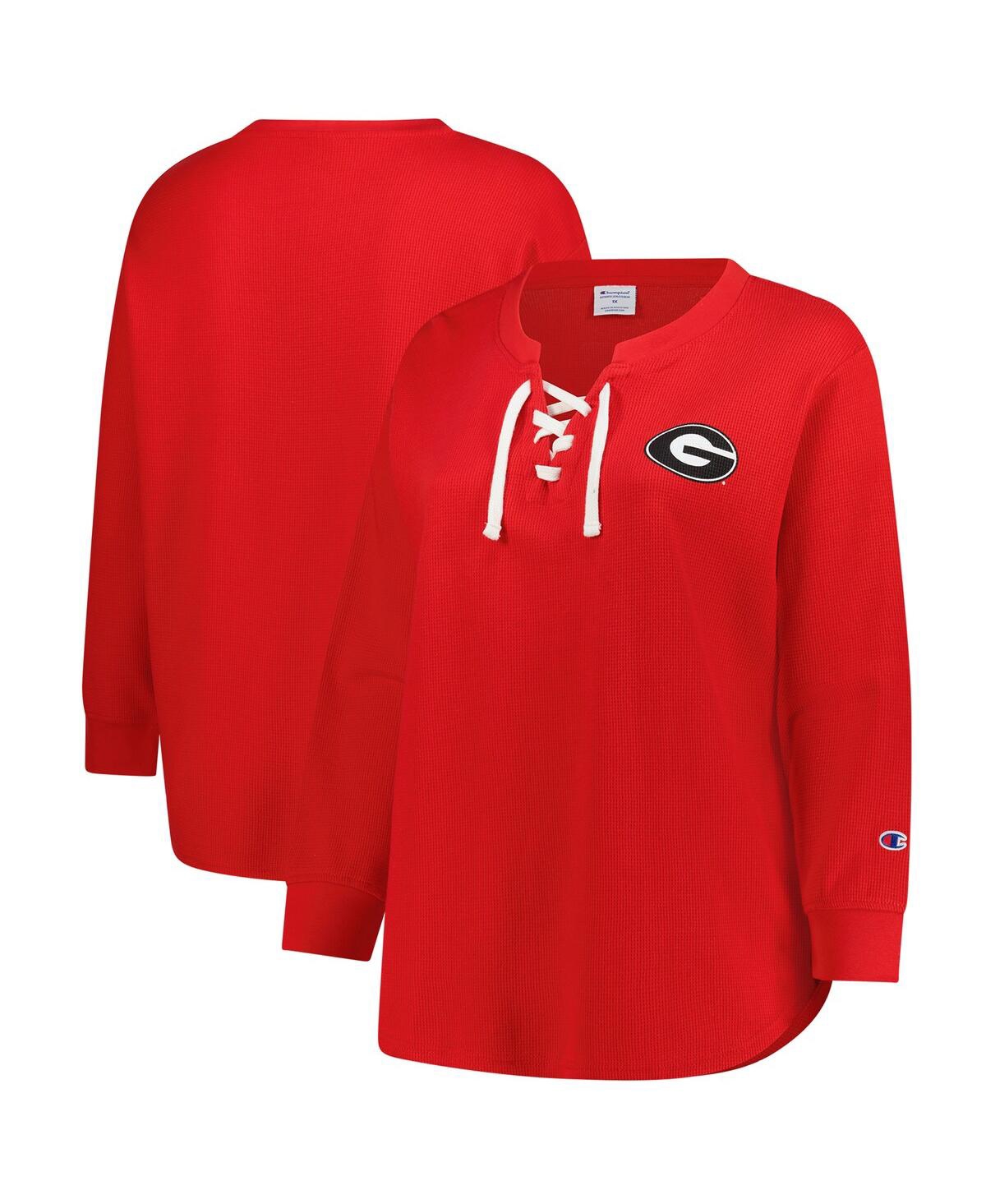 Fanatics Women's Red Georgia Bulldogs Lace-up Waffle Knit Plus Size Long Sleeve T-shirt In Multi
