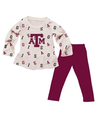 Wes & Willy - Girls Toddler 2-Piece Oatmeal Texas A&M Aggies Ruffle Raglan Long Sleeve T-Shirt and Leggings Set