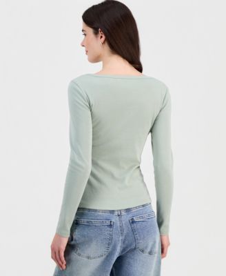 Juniors' Scoop-Neck Long-Line Henley Top
