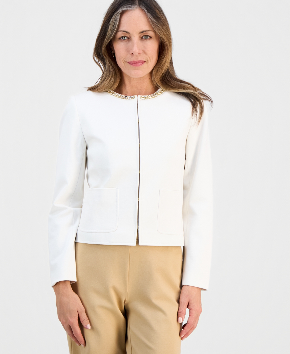 Jm Collection Petite Embellished-neck Long-sleeve Jacket, Macy's Exclusive In White