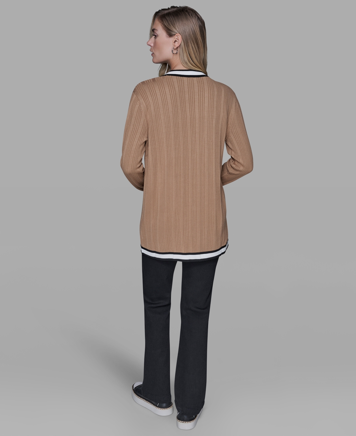 Karl Lagerfeld Petite V-neck Long-sleeve Sweater In Brown