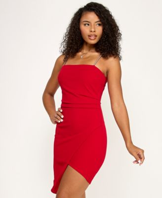 Juniors' Rhinestone-Strap Asymmetrical-Hem Bodycon Dress