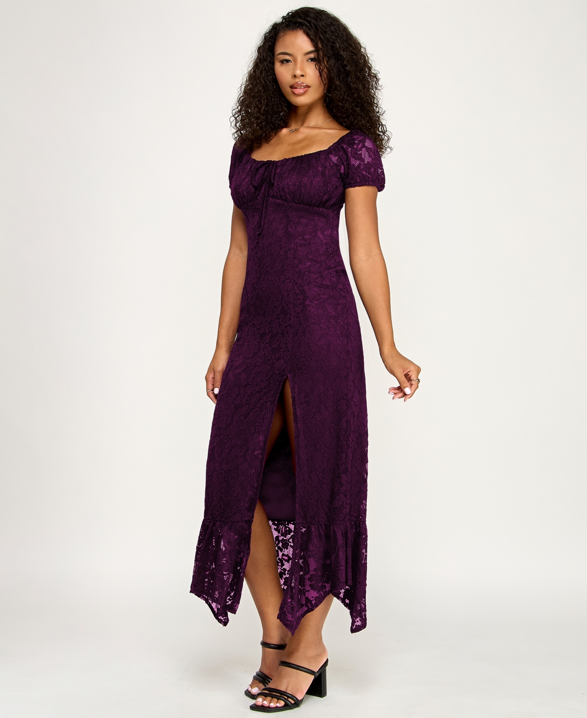 Emerald Sundae Junior's Lace Puff-sleeve Dress In Purple