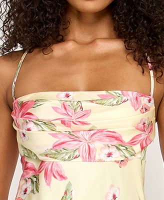 Juniors' Floral Square Neck Back Strap Satin Dress